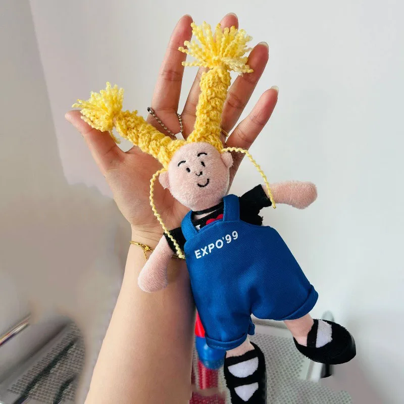 20cm Cute Ugly Fluffy Yellow Hair Girl Doll Keychain Blue Overalls Cartoon Bag Pendant Backpack Hanging Fashion Brooch Pin Gifts