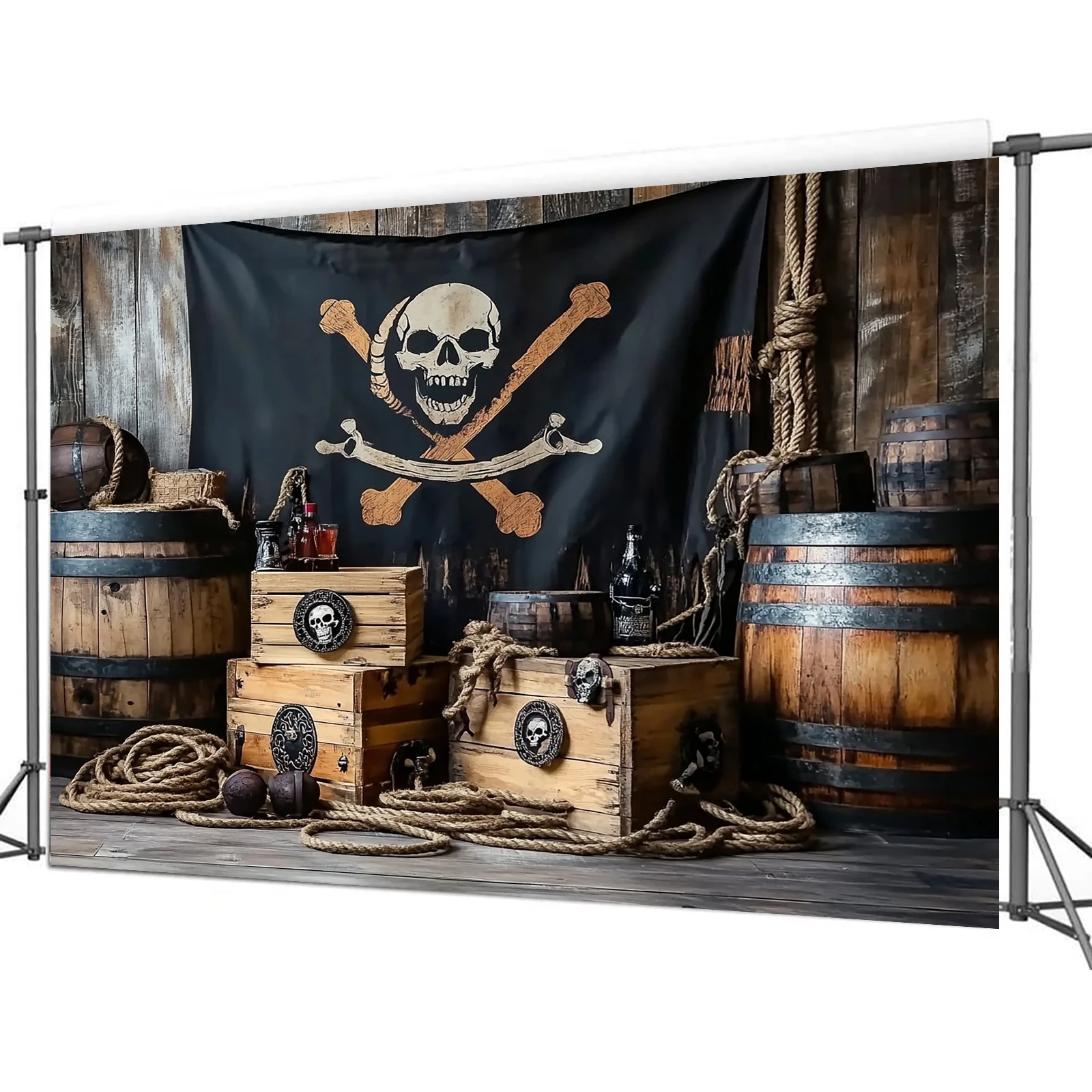 1-teiliges Pirate Treasure Party-Hintergrundbanner – entworfen mit nautischem Totenkopf und gekreuzten Knochen. Es erfordert keinen Strom
