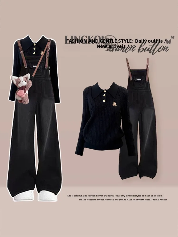 

Large Size Autumn Winter College Style Knitted Top And Denim Overalls Women's Fashion Set High Waist Long Pants Casual Look