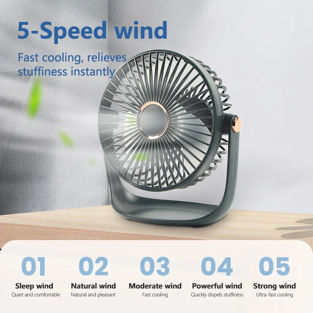 Portable Mini Desktop Clip Fan with LED Night Light and 360°Rotation USB Rechargeable Quite Home Table Fan for Office Bedroom view 3