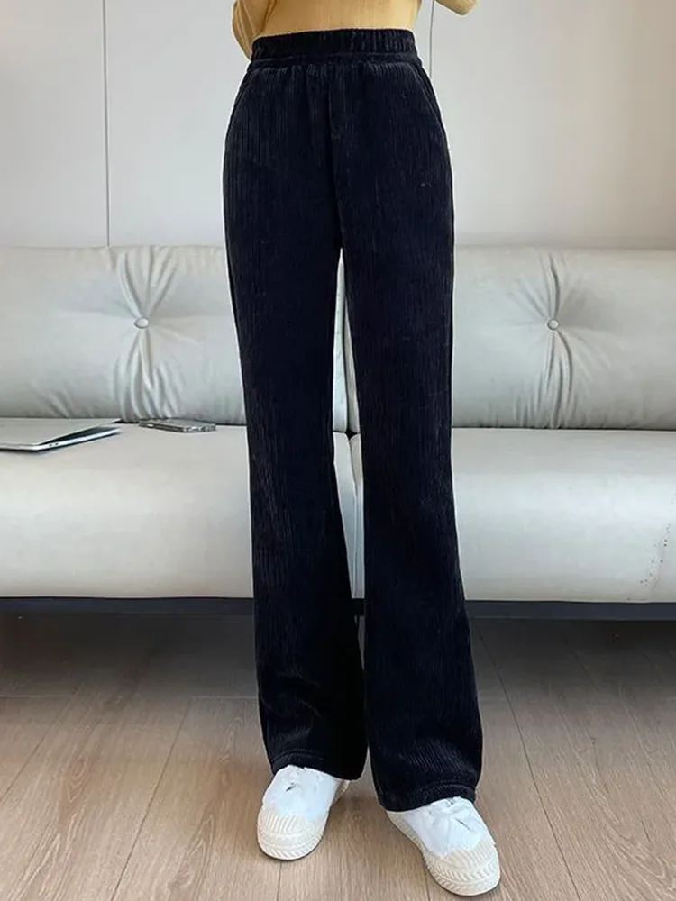 Winter Warme Dünne Flare Hosen Frauen Casual Elastische Hohe Taille Jogginghose Koreanische Mode Schnee Tragen Verdicken Samt Gefüttert Pantalones