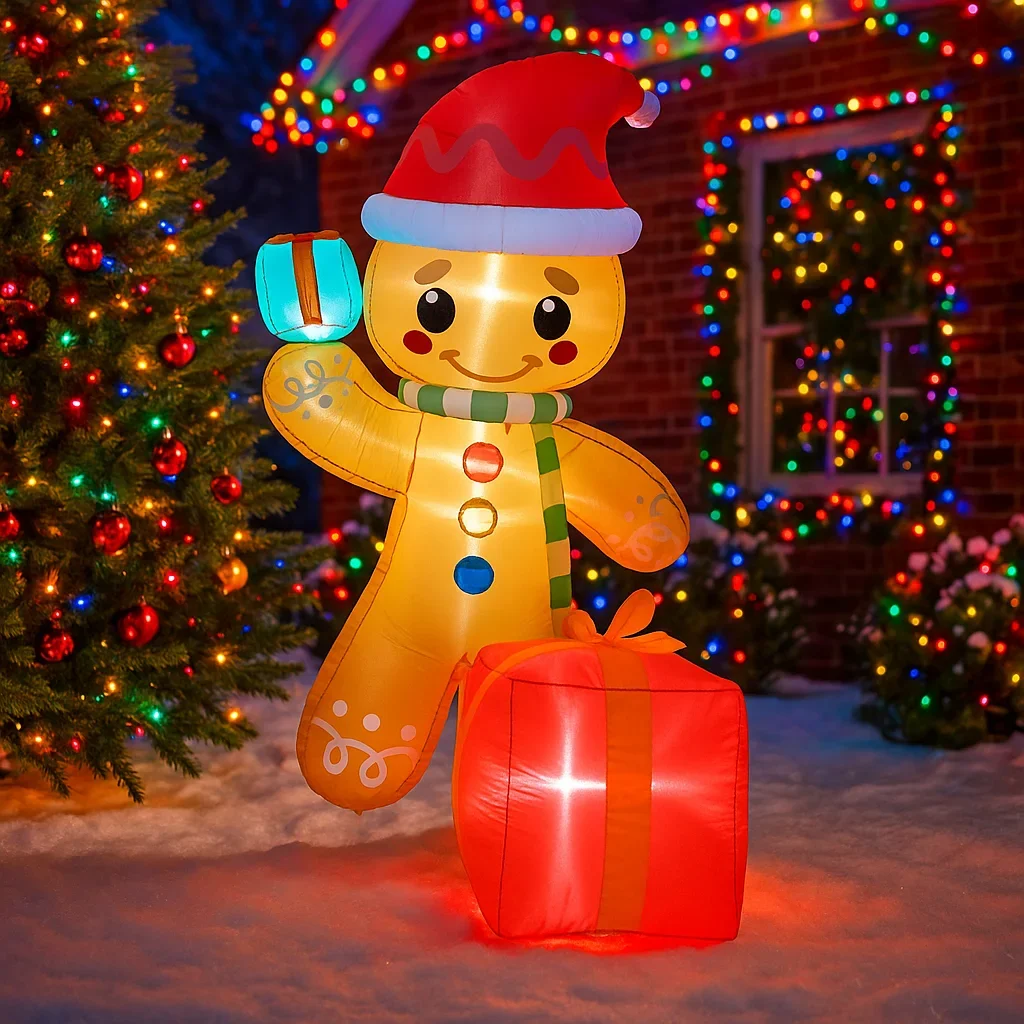 6-stopowy nadmuchiwany ludzik piernikowy z prezentami, dekoracje świąteczne do domu, na podwórko, ozdoby bożonarodzeniowe, dekoracje LED, artykuły świąteczne na zewnątrz