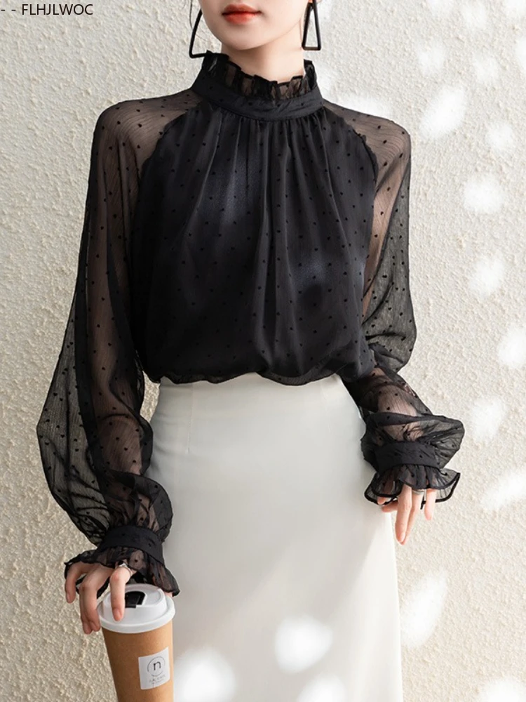 黒薄手のメッシュ韓国シックなトップス Blusas オフィスレディエレガントな薄いセクシーな透明な基本シャツ FLHJLWOC ファッション女性ブラウス