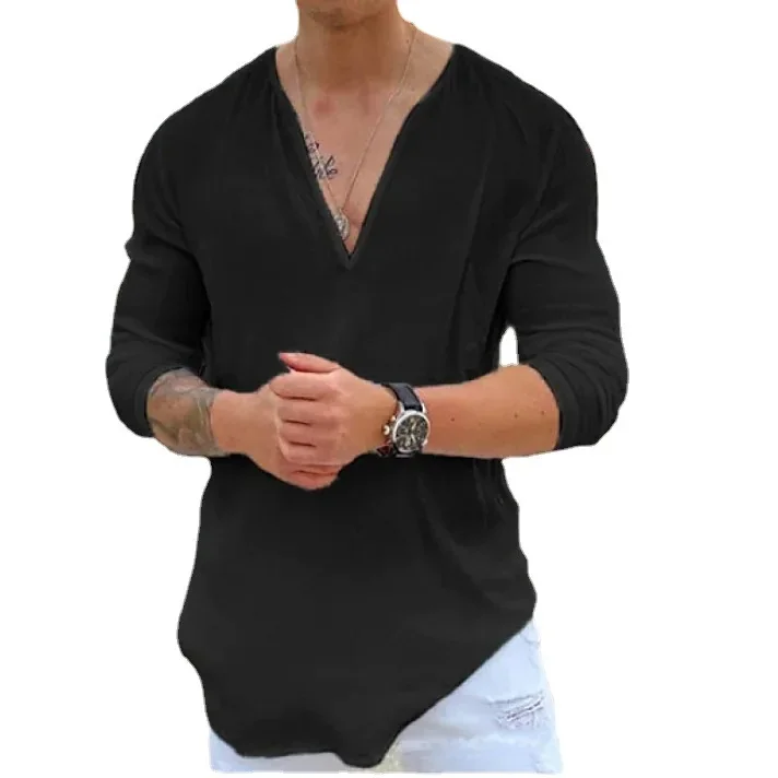 New fashion V-neck shirt men's solid color casual breathable long sleeve beach shirt Hawaiian men's shirt