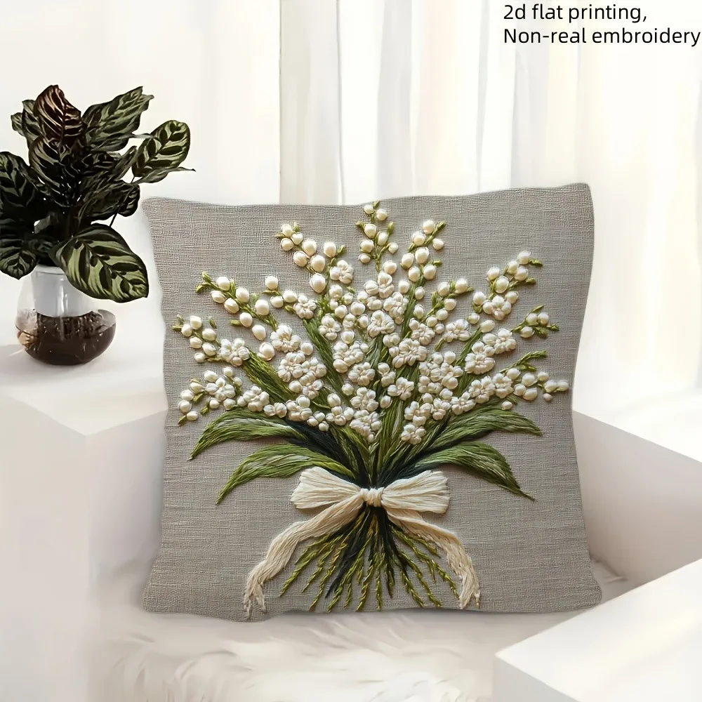 Lily of the Valley 2D Printing Double-Sided Pillow Cover, 1pc Flower Pattern Decorative Cushion Case for Sofa, Bed Home Decor
