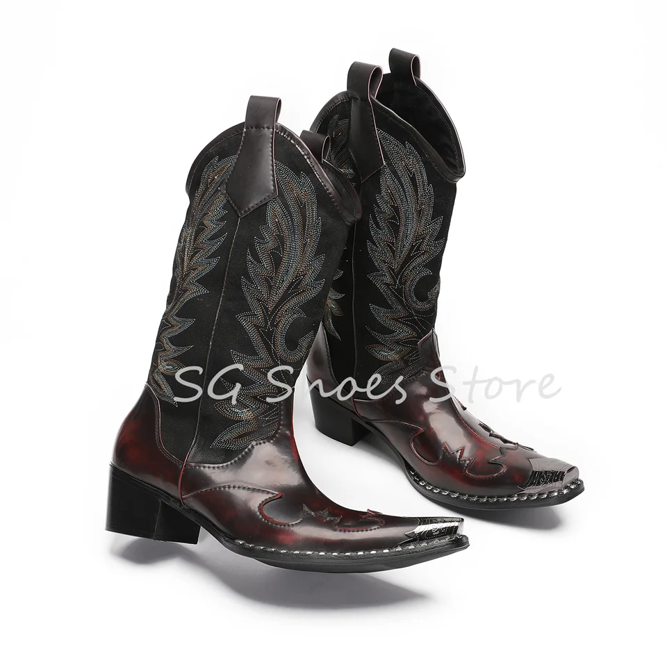 

Retro Embroidery Woestern Cowboys Boots for Men Metal Pointed Toe Chunky Heel Leather Shoes Mid-Calf Boots Male Dress Shoes