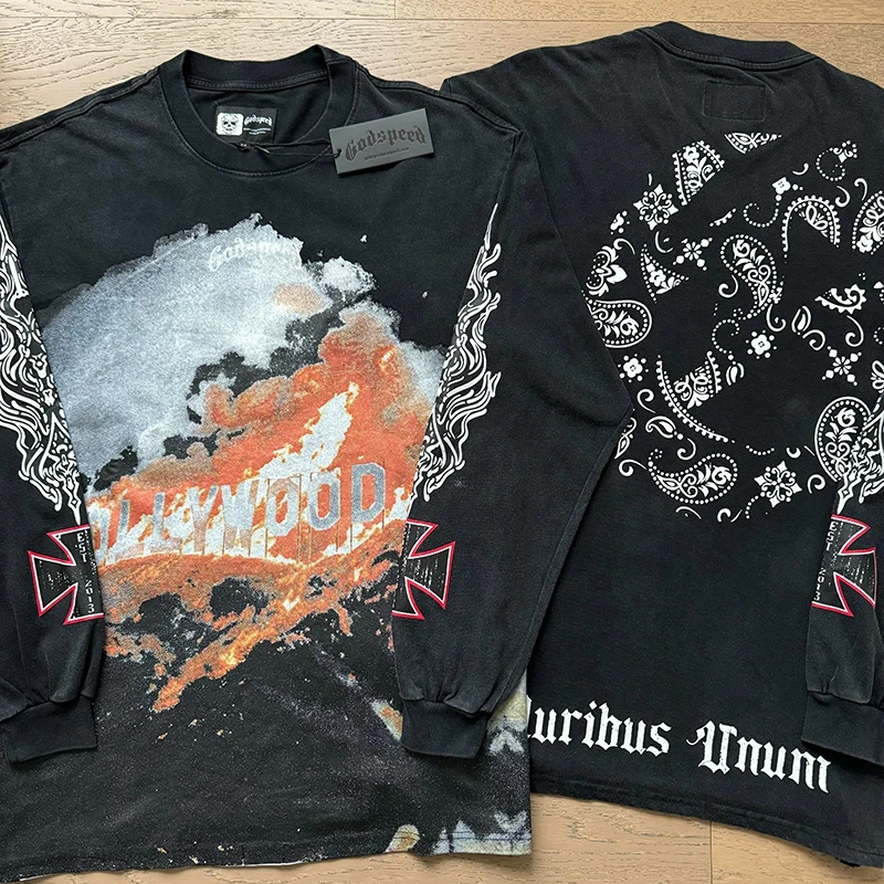 

Godspeed Los Angeles Hills Fire Print Vintage Waed American High Street ex Long Sve T-irt Trendy Cotton ...