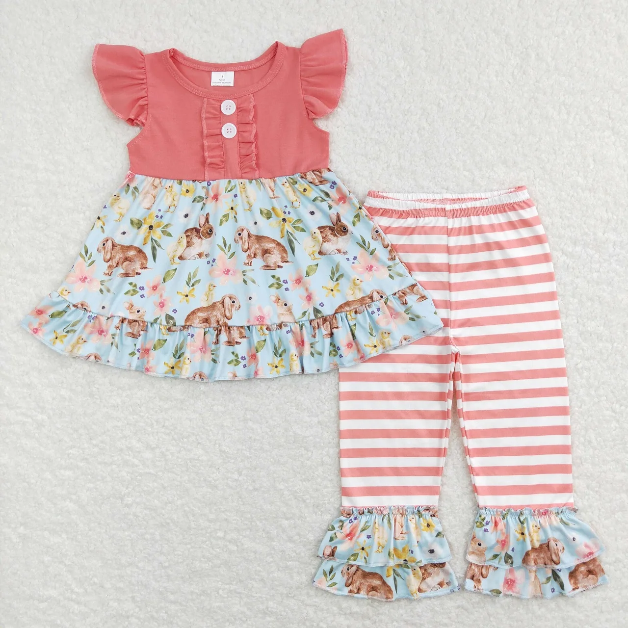 

Wholesale Children Short Sleeves Easter Flower Set Rabbit Floral Tunic Baby Girl Stripes Ruffle Pants Toddler Kids Outfit