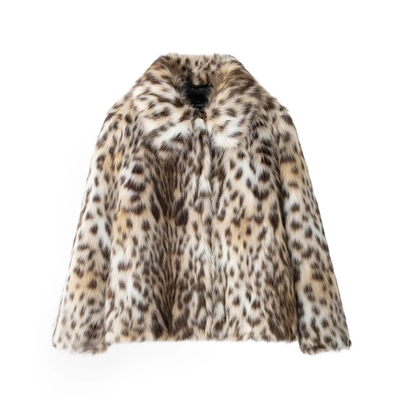 

New Autumn Winter Leopard Print Faux Fur Coats for Women Fashion Lapel Single Breasted Long Sleeves Loose Thick Warm Furry Coat