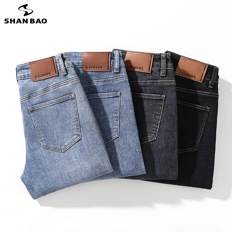 SHAN BAO 2022 autumn brand new slim stretch jeans classic style young men's fashion casual fit jeans blue light dark gray black