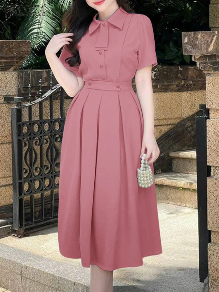 

Women 2pcs ZANZEA Elegant OL Dress Sets 2025 Summer Short Sleeve Shirts Pleated A-line Long Skirt Casual Solid Two-piece Outfits
