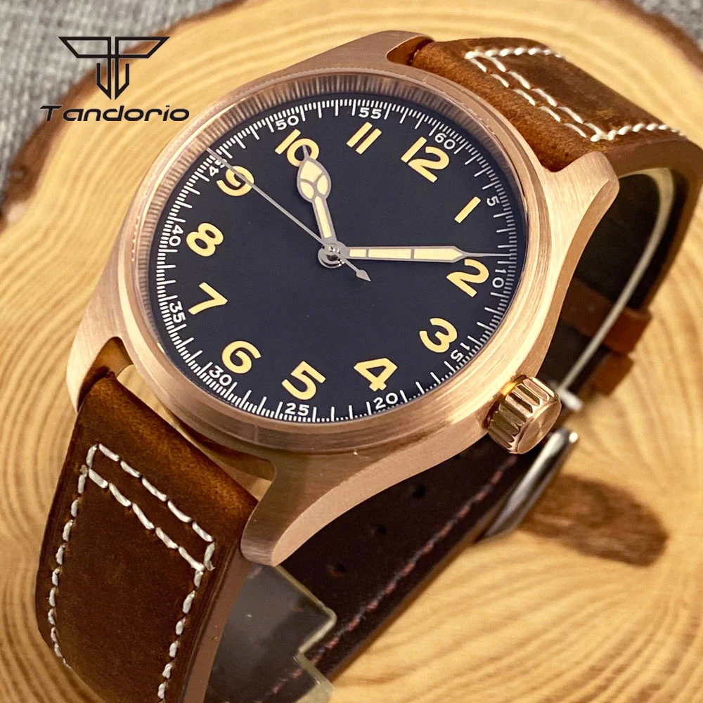 Tandorio Mechanical Real Bronze Cusn8 39mm Pilot Diving 20ATM Automatic Watch for Men AR Sapphire Crystal NH35A PT5000 Luminous