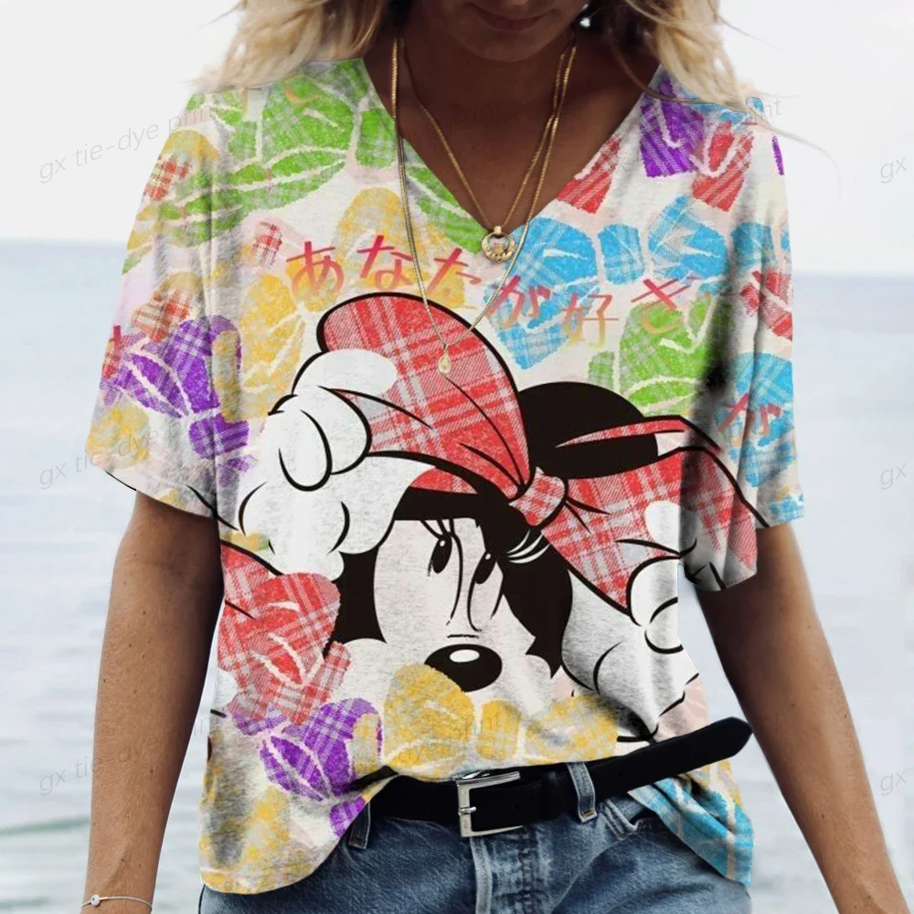 Women's V-Neck Disney Mickey Mouse Print T-Shirt Summer Fashion Short Sleeve Tee  Casual Tshirt for Women Loose Oversized Top