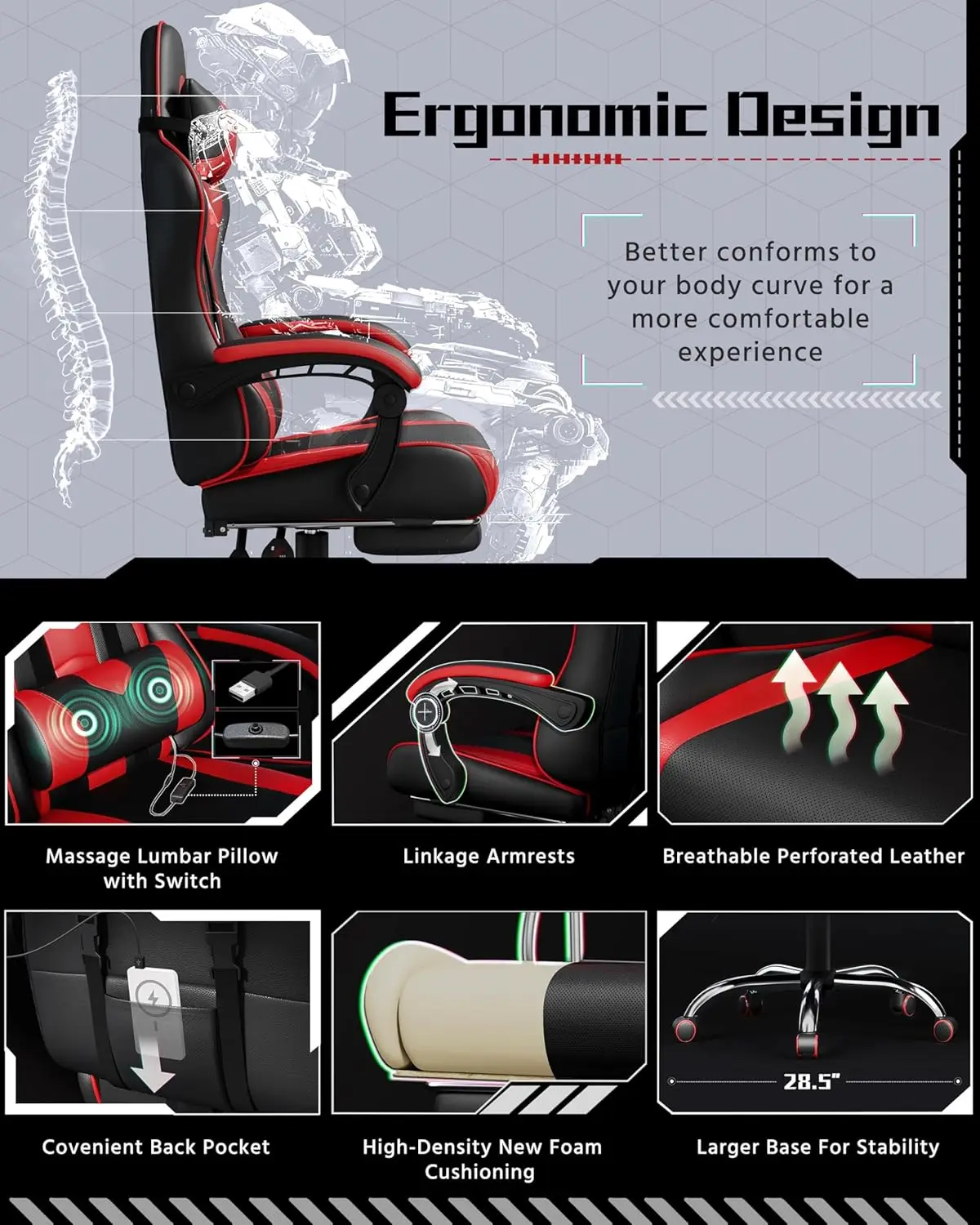 Yaheetech Gaming Chair, Video Game Chair With Massage Lumbar Support And Footrest Height Adjustable Ergonomic Computer Chair