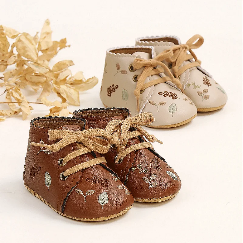 Baby Booties Newborn Infant Unisex Baby Girl Boy Cute embroidery Anit-Slip Sole Shoes Toddler tie one's shoes 0-1 Year