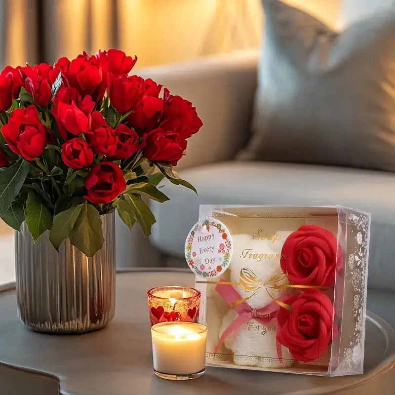 Set Regalo con Orsetto di Asciugamani, Fiori di Sapone, per San Valentino, Matrimoni, Festa della Mamma, Natale, Compleanno, Baby Shower