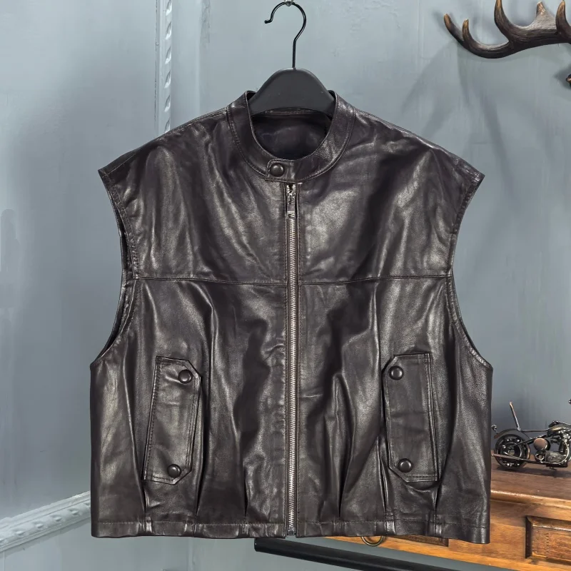 

Faionable ort Svel Leather Jaet Women's round Ne Oil Wax eepskin Vest Autumn Winter New Sle Commute Sle