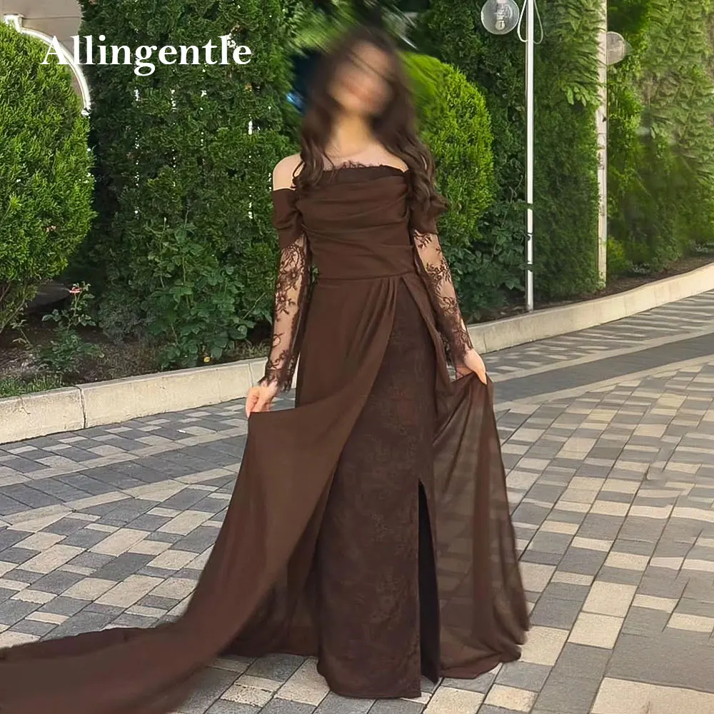 

Коричневые кружевные вечерние платья с длинными рукавами для женщин, шифоновое длинное платье с открытыми плечами для выпускного вечера, Дубай, Саудовская Аравия, вечерние платья по индивидуальному заказу