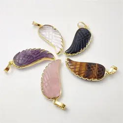 FUWO Wholesale Natural Crystal Carved Wing Pendant,Golden Plated Quartz/Amethysts Accessories For Jewelry Making 5Pcs/Lot PD461