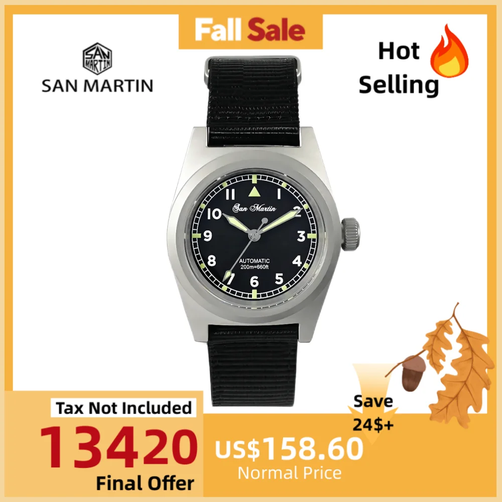 

San Martin Pilot 38mm Military Watch YN55 Simple Mens Automatic Mechanical Watches Waterproof 200M Lume Nylon Strap SN0029GA-2