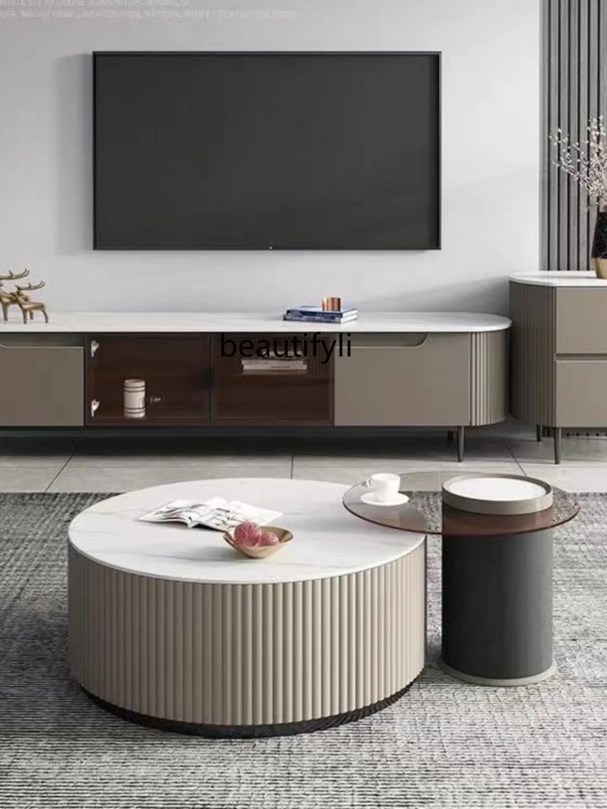 Modern Simple Coffee Table TV Cabinet Unit Italian Minimalist Stone Plate Size Circle and Creative