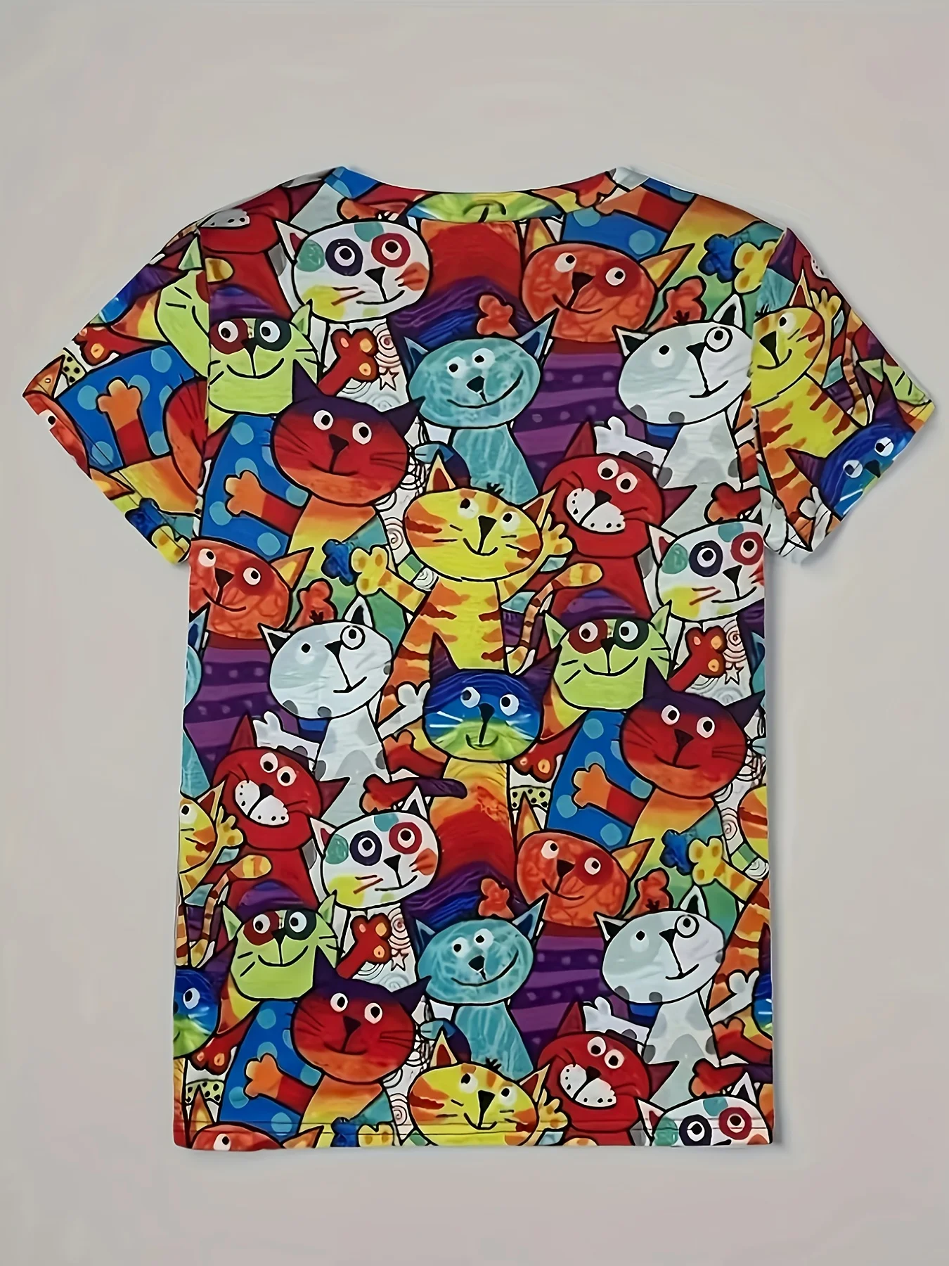 Vibrant Multi-Color Women's Tee - Playful Cartoon Cats Graphic, Cheerful Cat Print Design for Casual Daily Wear