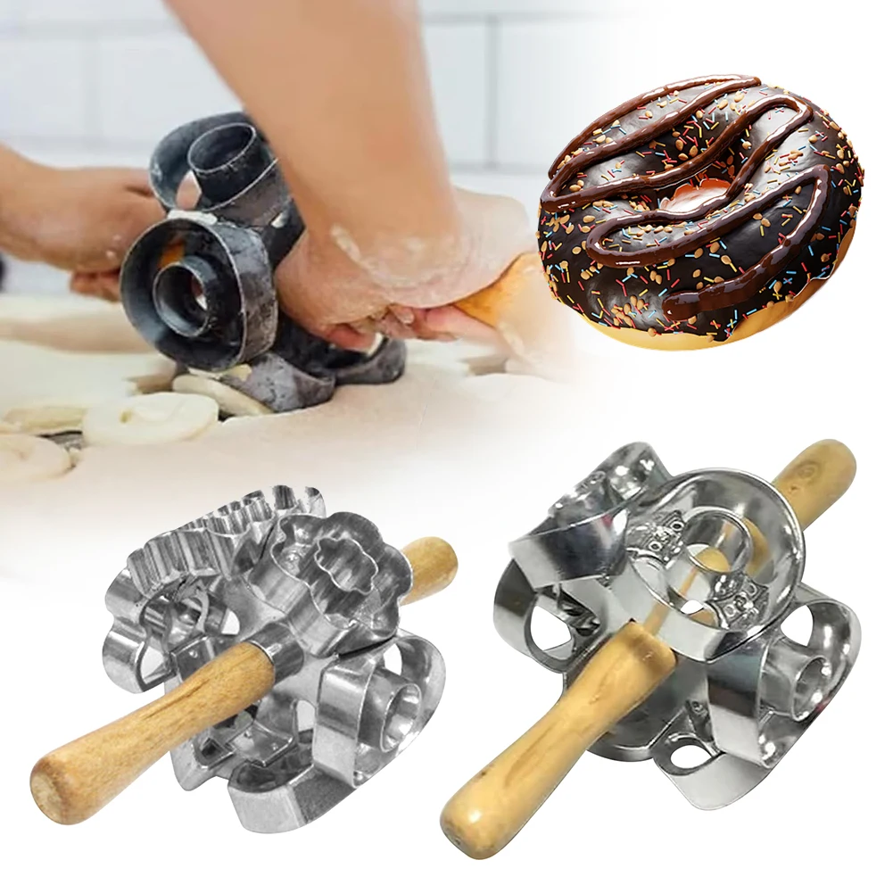 

Stainless Steel Donut Mold Revolving Metal Wooden Quick Dough Baking Roller Making Tool Home Lovers Bakeries Baking Accessories