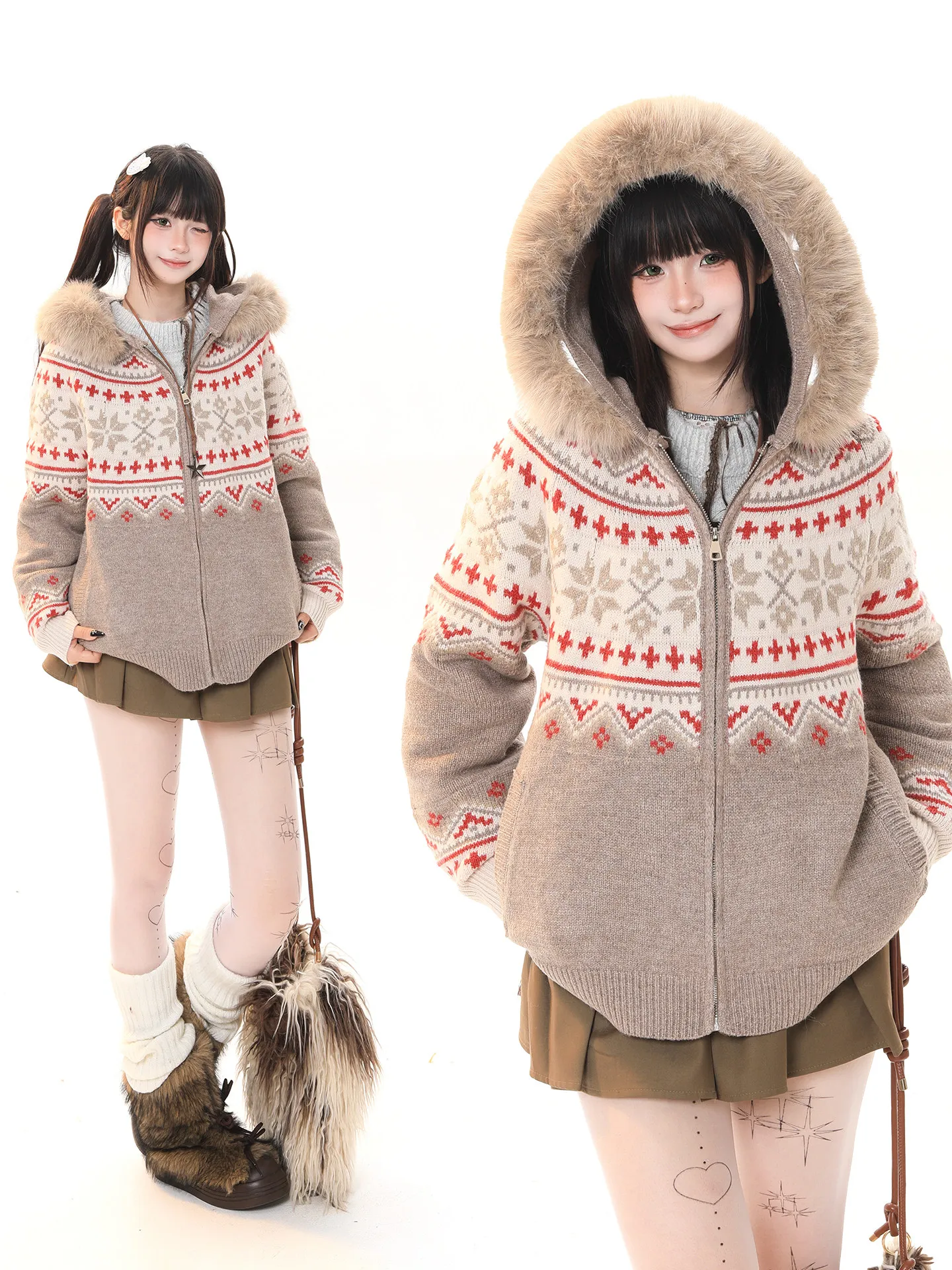 

Корейское ретро-пальто в стиле Fair Isle, вязаное, женское, осенне-зимнее, новое, уютное, теплое, на молнии, с капюшоном, утолщенное, с длинными рукавами