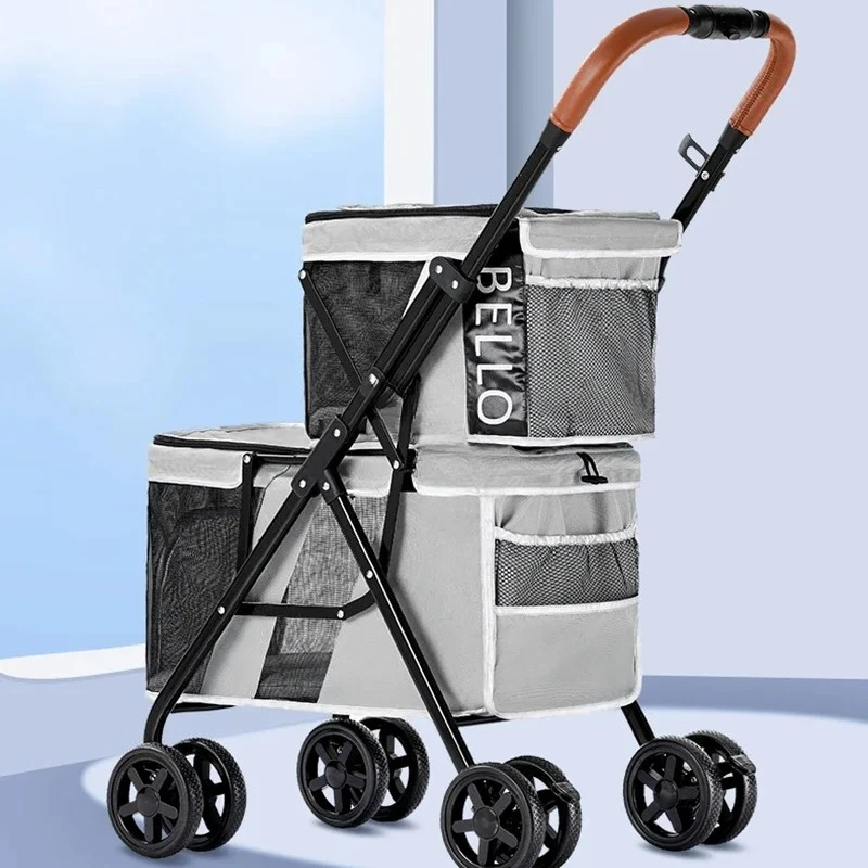 TTHome Dog Cat Double-decker Stroller Lightweight Folding Portable Pet Strollers Simple Modern Dog Trolley Travel Pet Supplies