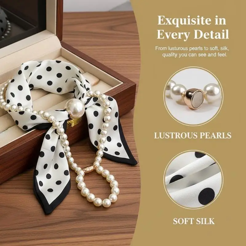 Magnetic Narrow Elegant Satins Neck Scarf Wrap With Pearls Chain Necklace And Buckle For Women Vintage Floral Silk Neckerchief image 2