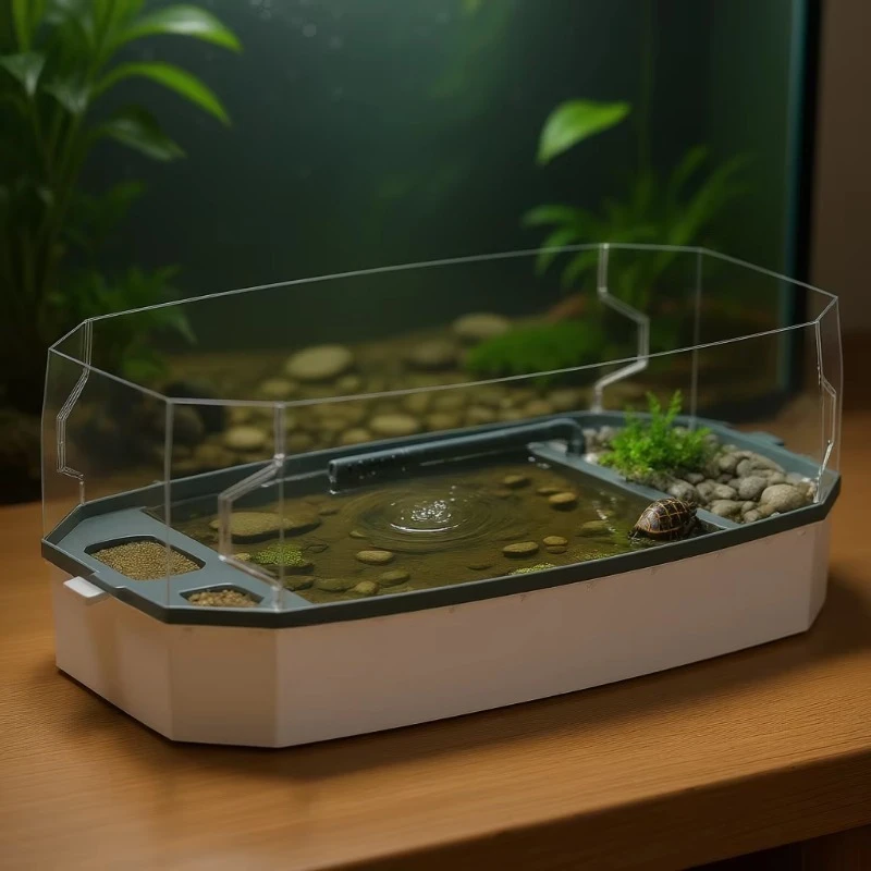 Rectangular plastic feeding box, easy to clean, suitable for sea turtles, with sun platform, water pump and filter