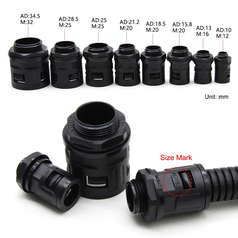 PP Corrugated Pipe Joint  AD 10/13/15.8/18.5/21.2/25/28.5/34.5mm Cable Gland Nylon Joints End Fittings Plastic Bellows Connector