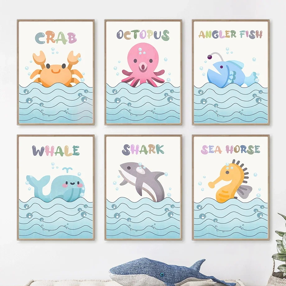 Blue Sea Whale Shark Crab Octopus Nursery Wall Art Canvas Painting Nordic Posters And Prints Wall Pictures Baby Kids Room Decor