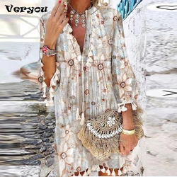 Vestido corto informal con estampado Vintage para mujer, minivestido holgado con escote en V y borlas, manga tres cuartos, para playa y fiesta, primavera y verano, 2024