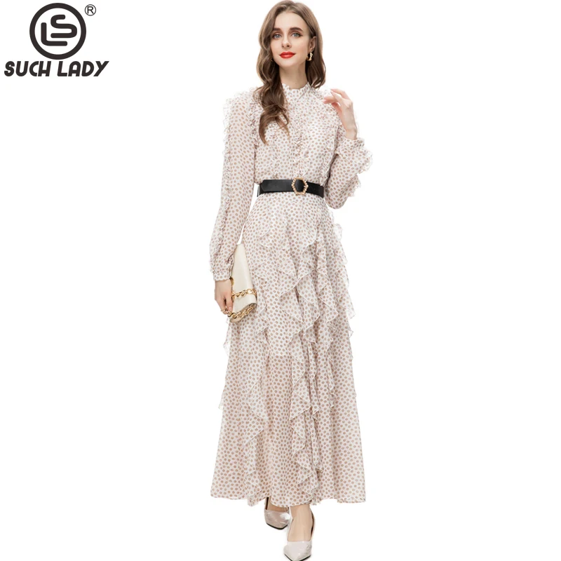 

Women's Runway Dresses Stand Collar Long Sleeves Ruffles Dots Printed Lined Elegant Fashion Party Prom Gown