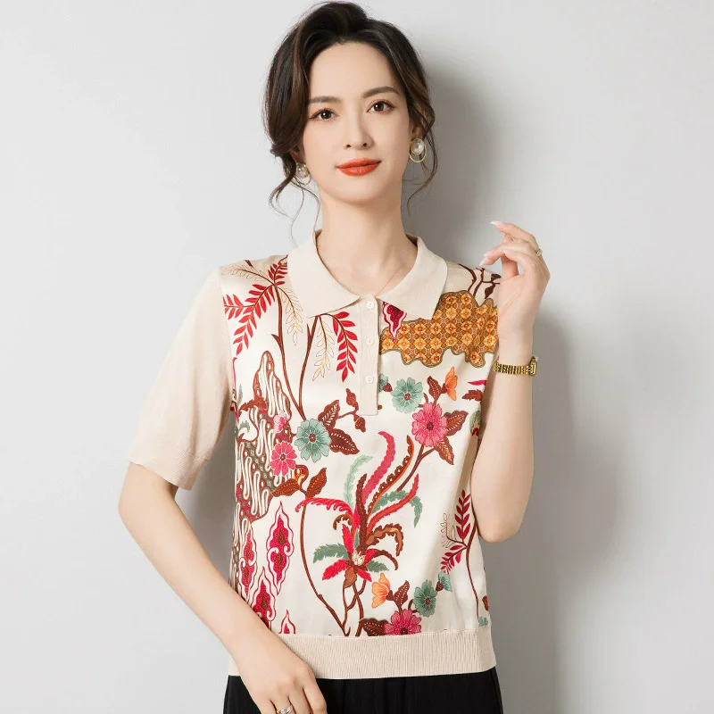 Birdsky, 1PC Women sweater outwear pullover top short sleeve 90% mulberry silk 10% spandex flower print, S-1039