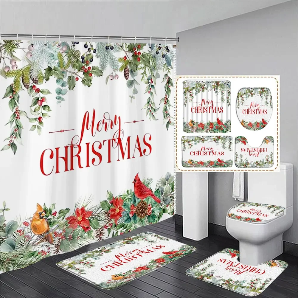 Christmas Gifts Bathroom Shower Curtain Rug Set Father Christmas Snowman Happy New Year Polyester Shower Curtains Bathroom Decor