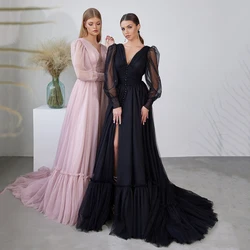 Customized A-Line Tulle Prom Dresses Simple V-Neck High Side Slit Full Sleeve Court Train Evening Backless Ruched Party