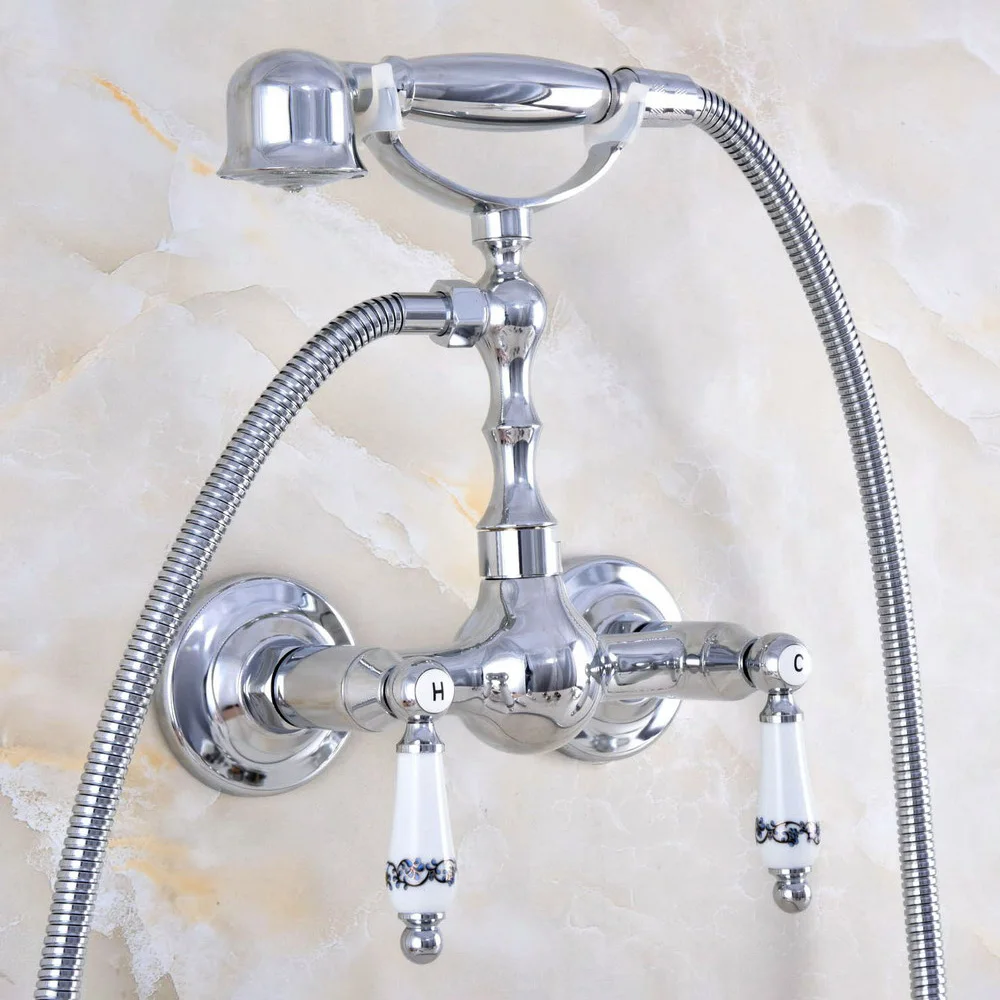 Contemporary Chrome Brass Cross Handle Wall Mounted 2 Hole Bathtub Faucet with Handheld Shower Set +150CM Hose Mixer Tap 2tf837