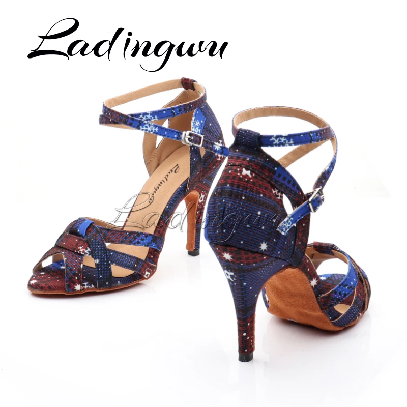 Ladingwu Dance Shoes Christmas Print Denim Salsa Dance Shoes Women\'s Latin Shoes Dance New Design Dance Shoes Sandals