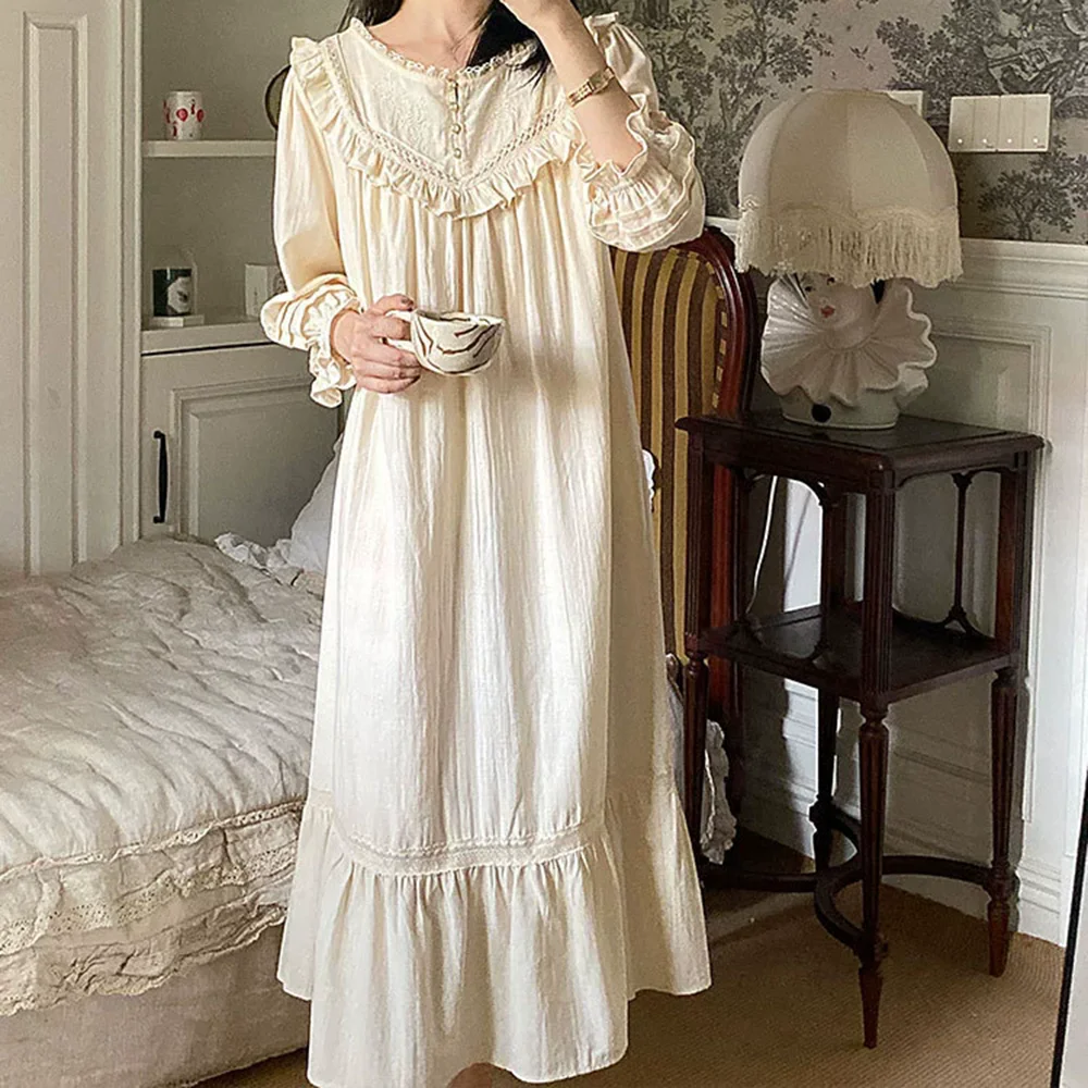 2025 new retro court style nightdress women long princess sweet French home dress pure cotton pajamas long sleeve nightgown - Image 5
