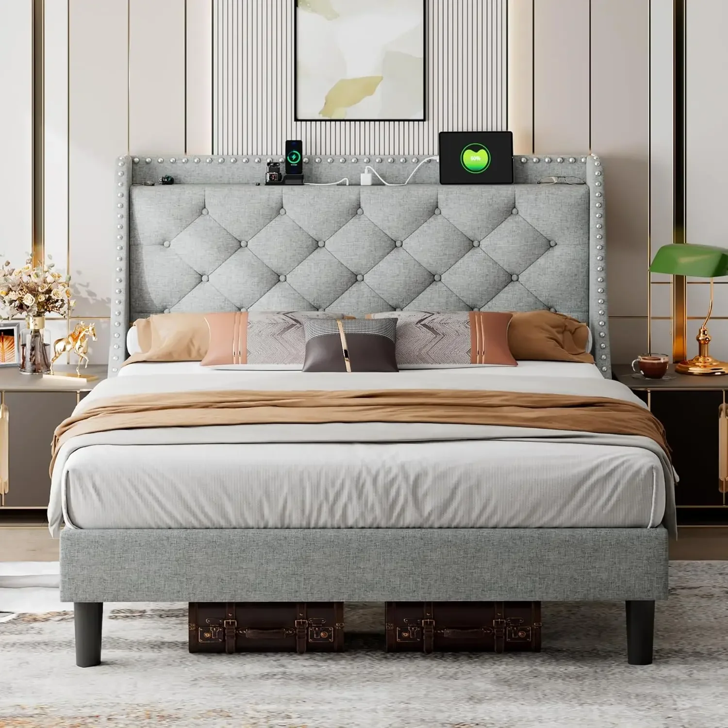 7/12 Inch Sturdy Legs, 16 Inch Wide Wingback Headboard, 2 USB Ports, 20W Fast Charging, No Box Spring Needed