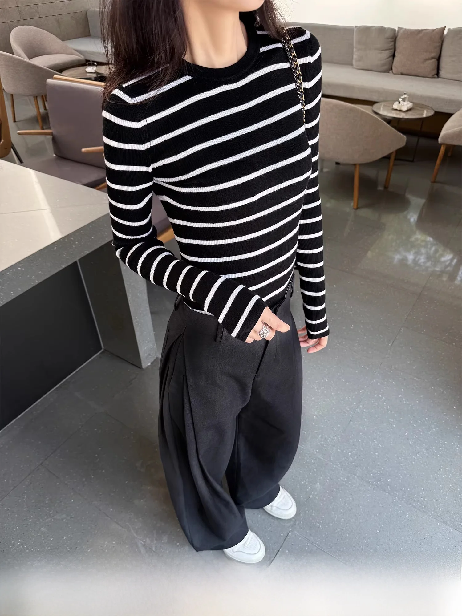 

Классический полосатый вязаный джемпер из 100% шерсти, приталенный, с цветными вставками, для женщин, ранняя осень, модный, повседневный, мягкий, с длинными рукавами