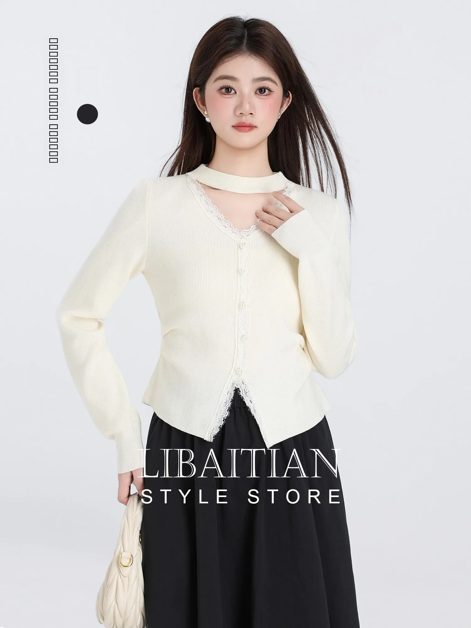 

Peach Color V-Ne Long Sve Knitted Top Women's Gentle Sle Lace Splicing Design Sensation Autumn New Faion Casual Wear