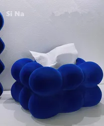 Klein Blue Velvet Ceramic Tissue Box Bubble Ball Shape Desk Table Home Room Storage Ornament Box