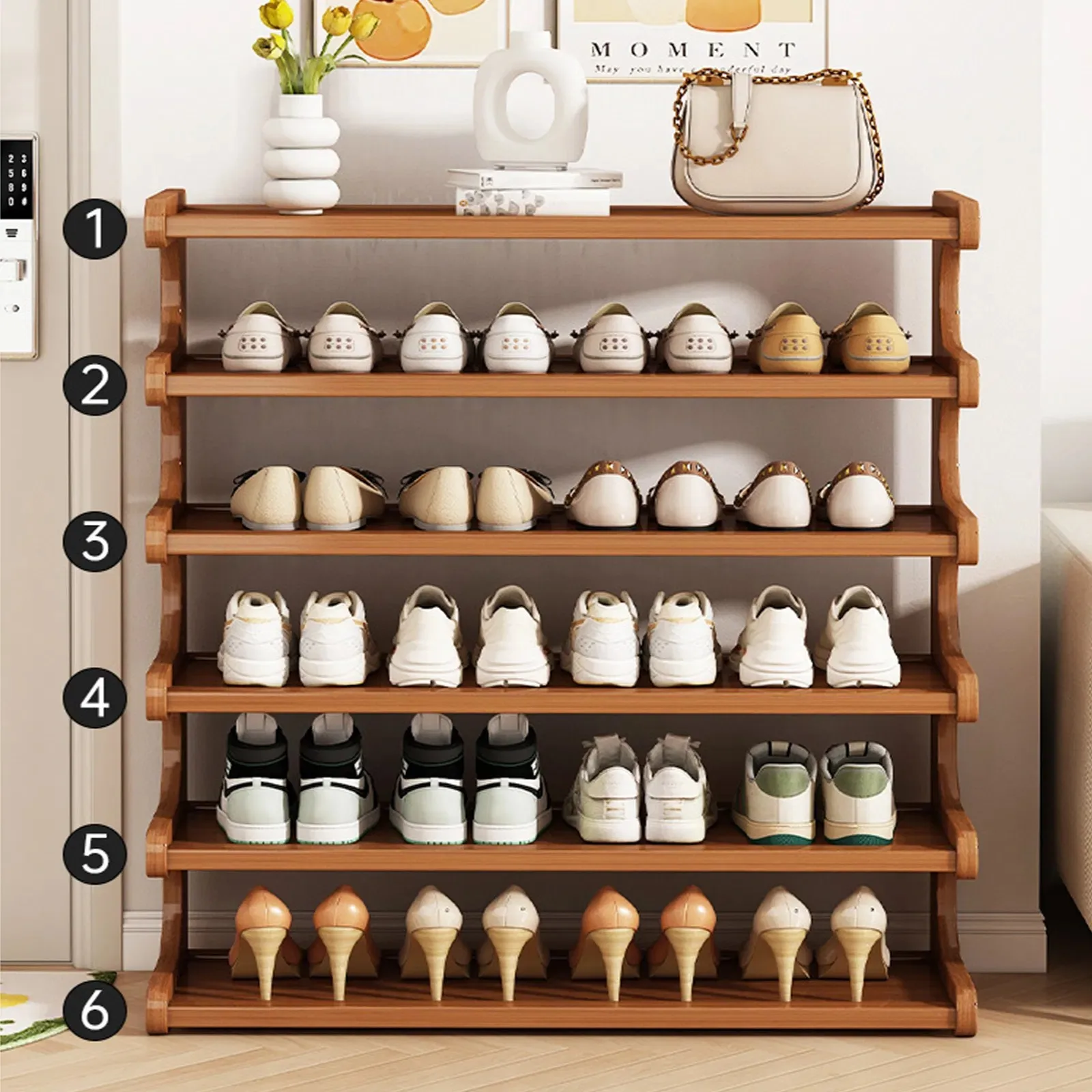 

6-Tier Bamboo Shoe Rack Organizer, Space-Saving Freestanding Shoe Storage Shelf, Multifunctional Entryway Shoe Cabinet for Home Living Room