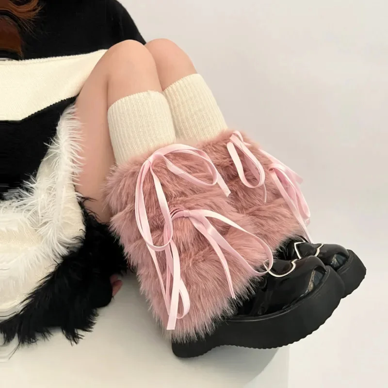 Kawaii Bow Knot Leg Warmers Thickened Imitation Rabbit Fur Women Leggings Boots Cover Lolita Punk Harajuku Party Accessories