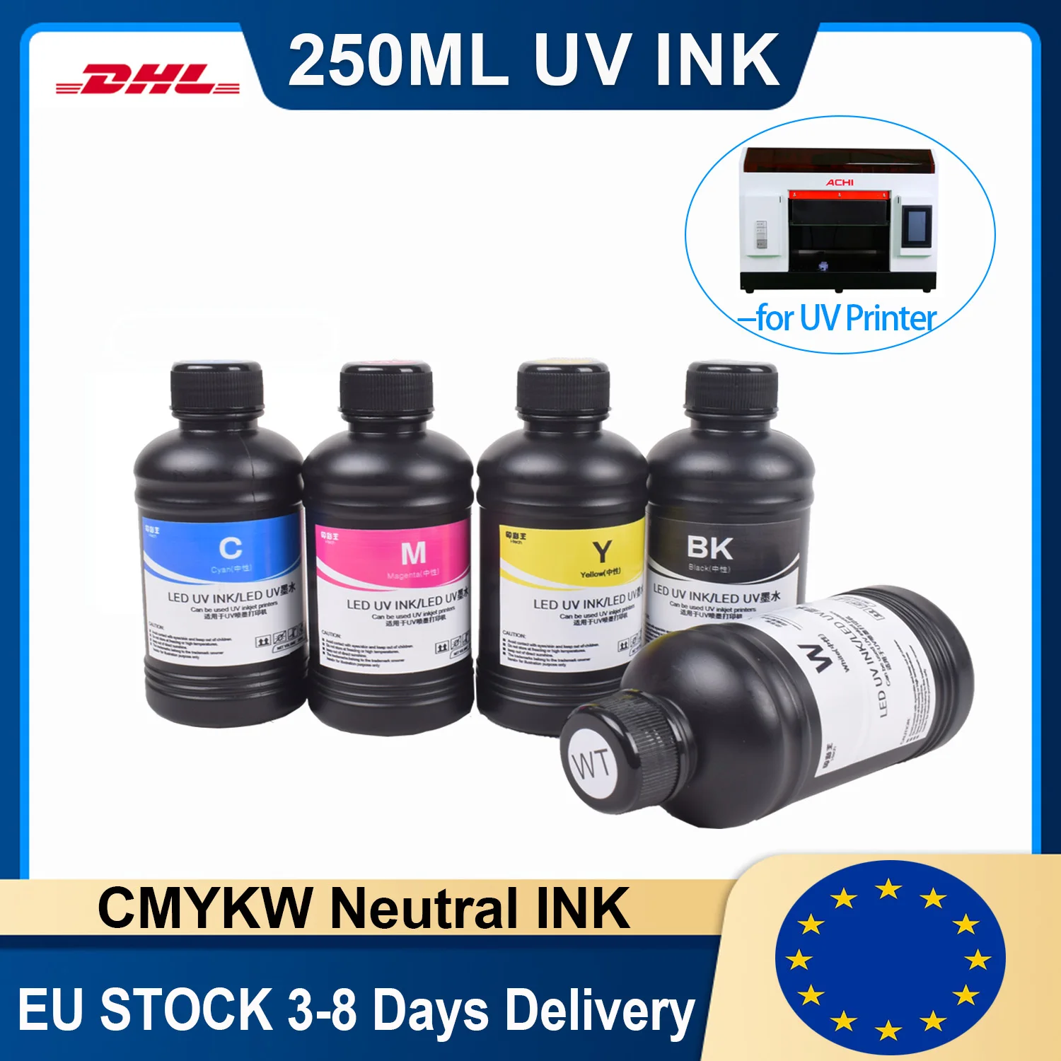 [EU 재고] UV 잉크 250ML UV 프린터 잉크 1390 L800 6090 UV 프린터 500ML UV 천연 잉크 CMYKW 5x500ML 5X250ML 빠른 배송
