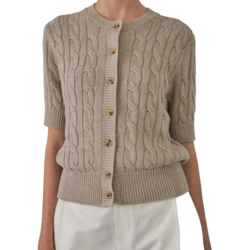 Summer Cotton and linen Knitted Cardigan Short Sleeve Knitted Top Woman