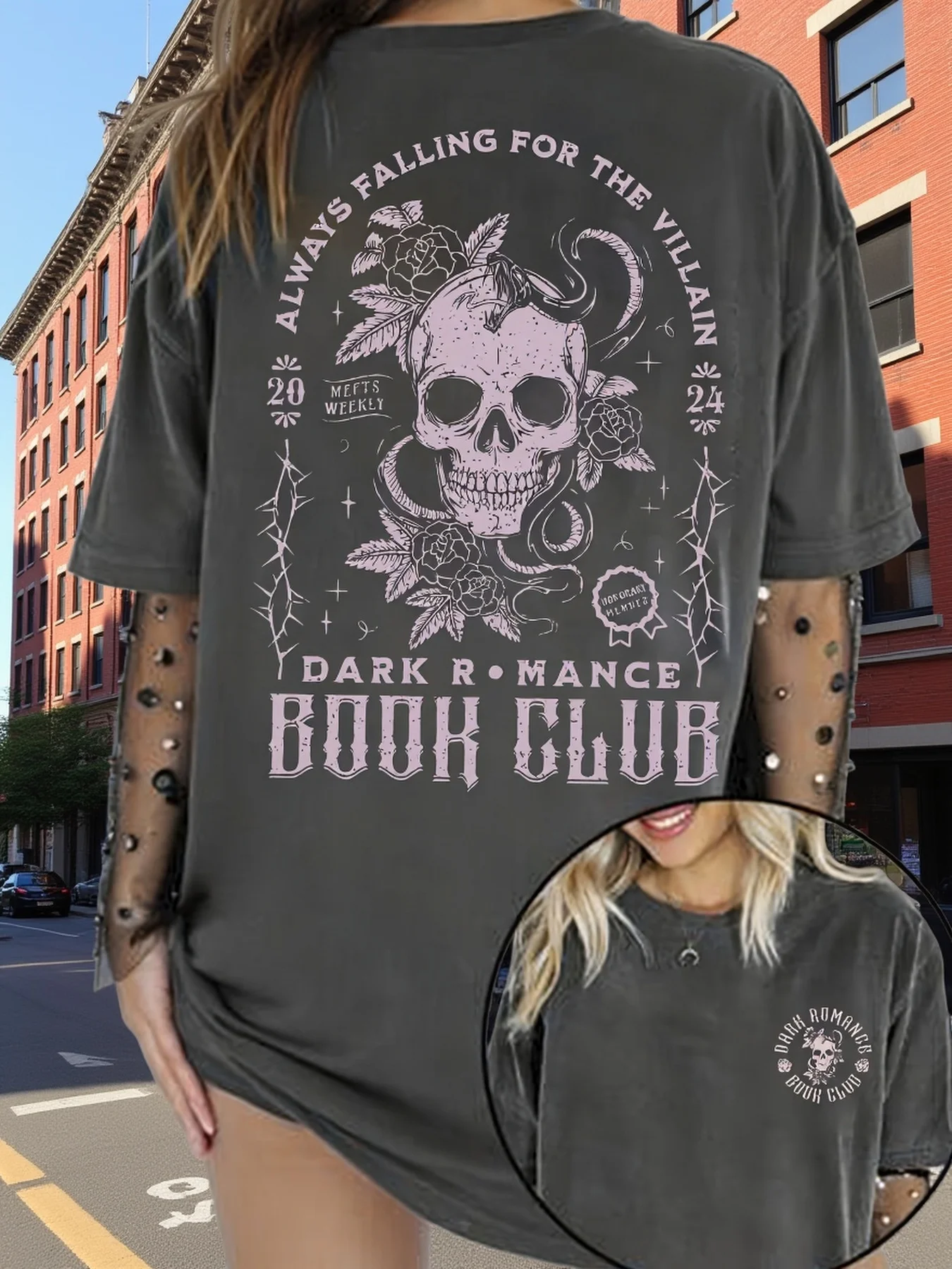 Women's Retro Washed Crew Neck Large Size T-shirt, Patterned Printed Crew Neck Short Sleeve T-shirt